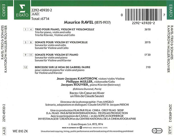Maurice Ravel - Jean-Jacques Kantorow, Philippe Muller, Jacques Rouvier - Un Cœur En Hiver / Trio & Sonates (CD, Album) (Near Mint (NM or M-)) - Image 2