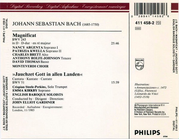 Johann Sebastian Bach - The Monteverdi Choir, The English Baroque Soloists, John Eliot Gardiner, Nancy Argenta, Patrizia Kwella, Charles Brett, Anthony Rolfe Johnson, David Thomas (9) / Emma Kirkby - Magnificat / "Jauchzet Gott In Allen Landen" (CD, Album) (Near Mint (NM or M-)) - Image 2