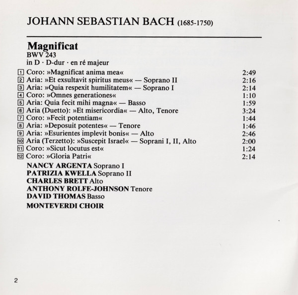Johann Sebastian Bach - The Monteverdi Choir, The English Baroque Soloists, John Eliot Gardiner, Nancy Argenta, Patrizia Kwella, Charles Brett, Anthony Rolfe Johnson, David Thomas (9) / Emma Kirkby - Magnificat / "Jauchzet Gott In Allen Landen" (CD, Album) (Near Mint (NM or M-)) - Image 5