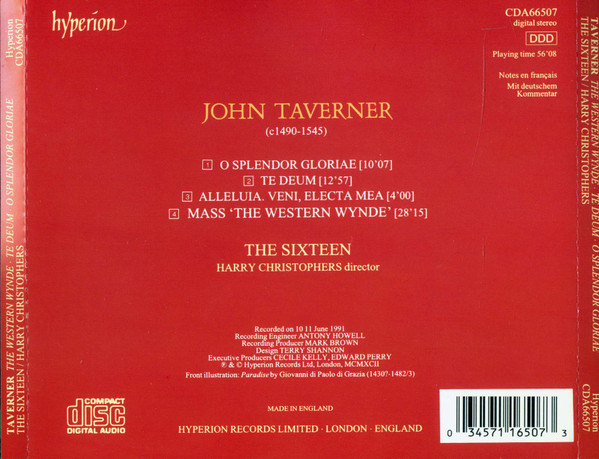 John Taverner / The Sixteen / Harry Christophers - 'Western Wynde' Mass (CD, Album) (Mint (M)) - Image 2