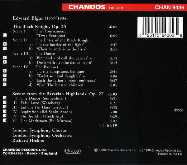 Sir Edward Elgar - London Symphony Chorus, London Symphony Orchestra, Richard Hickox - The Black Knight; Scenes From The Bavarian Highlands (CD, Album) (Near Mint (NM or M-)) - Image 2