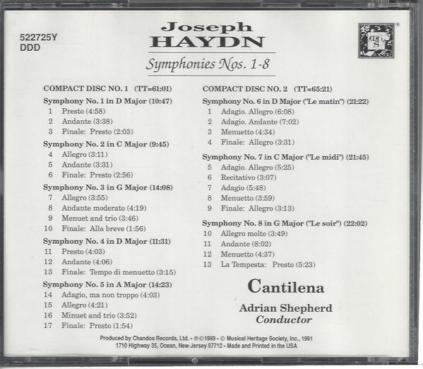 Joseph Haydn — Cantilena, Adrian Shepherd - Symphonies Nos. 1-8 (2xCD) (Mint (M)) - Image 3