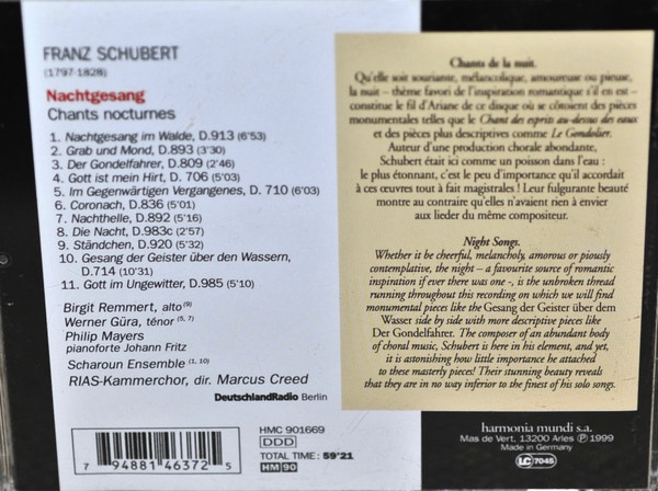 Franz Schubert - Birgit Remmert, Werner Güra, Philip Mayers, Scharoun Ensemble Berlin, RIAS-Kammerchor, Marcus Creed - Nachtgesang = Chants Nocturnes (CD, Album) (Mint (M)) - Image 3
