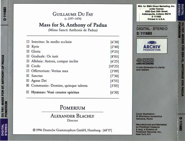 Guillaume Dufay / Pomerium - Mass For St. Anthony Of Padua (CD, Album, Club) (Mint (M)) - Image 2
