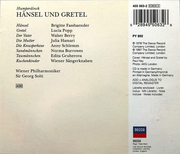 Engelbert Humperdinck (2), Brigitte Fassbaender, Lucia Popp, Walter Berry, Julia Hamari, Anny Schlemm, Die Wiener Sängerknaben, Wiener Philharmoniker, Georg Solti - Hänsel und Gretel (2xCD, Album, RE, RM) (Mint (M)) - Image 2