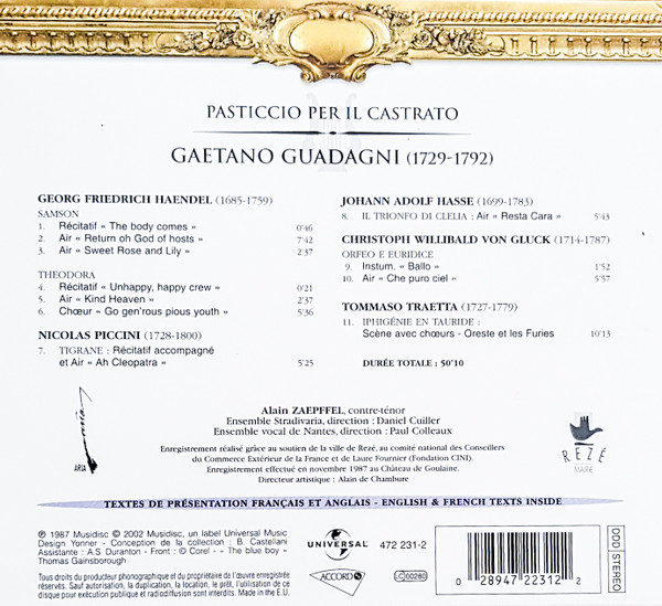 Alain Zaepffel, Georg Friedrich Händel, Christoph Willibald Gluck, Niccolò Piccinni, Johann Adolf Hasse, Tommaso Traetta - Airs D'opéra Pour Le Castrat Guadagni (CD, RE) (Near Mint (NM or M-)) - Image 2