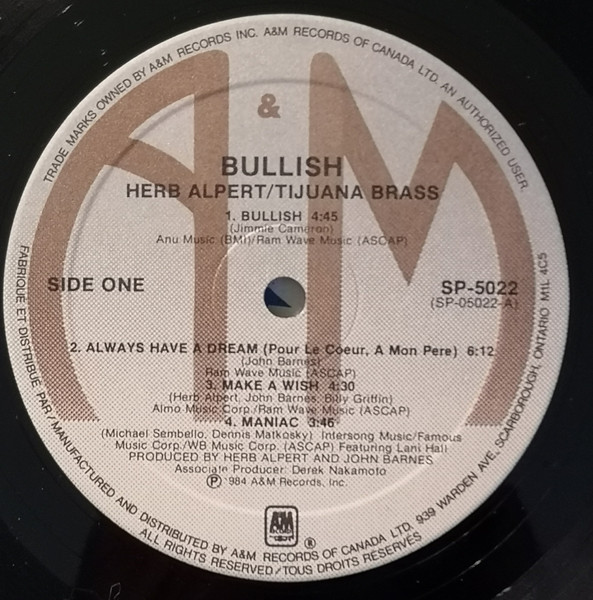 Herb Alpert & The Tijuana Brass - Bullish (LP, Album) (Near Mint (NM or M-)) - Image 3