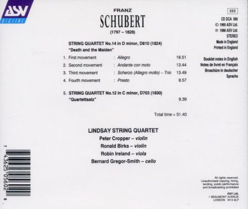 Franz Schubert / The Lindsays - String Quartet No.14 In D Minor, D810 "Death And The Maiden"; String Quartet No.12 In C Minor, D703 "Quartettsatz" (CD, Album, RE) (Mint (M)) - Image 2