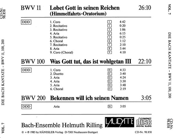 Johann Sebastian Bach, Bach-Ensemble, Helmuth Rilling - Die Bach Kantate Vol. 7 BWV 11, BWV 100, BWV 200 (CD, Album, RE) (Near Mint (NM or M-)) - Image 2