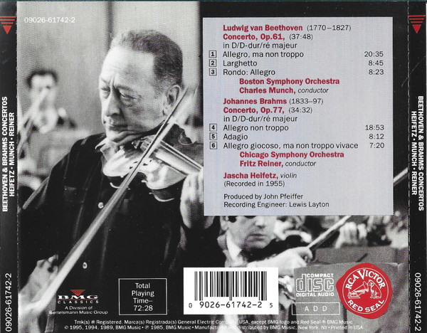 Jascha Heifetz, Ludwig van Beethoven / Johannes Brahms, Charles Munch / Fritz Reiner - Concertos (CD, Album, Comp, RE) (Near Mint (NM or M-)) - Image 2