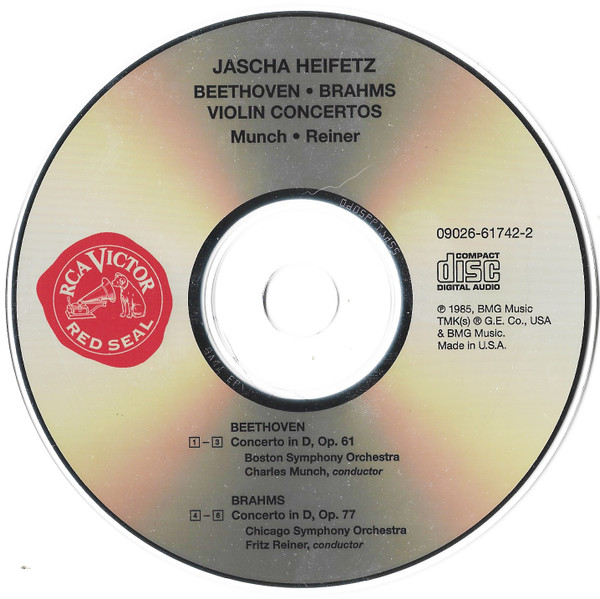 Jascha Heifetz, Ludwig van Beethoven / Johannes Brahms, Charles Munch / Fritz Reiner - Concertos (CD, Album, Comp, RE) (Near Mint (NM or M-)) - Image 3