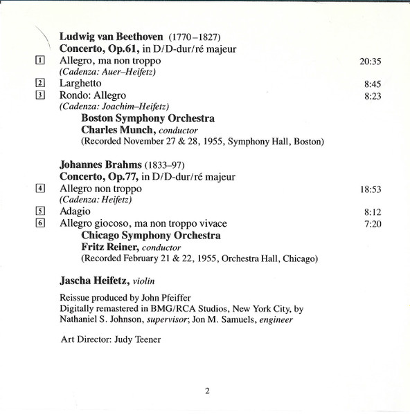 Jascha Heifetz, Ludwig van Beethoven / Johannes Brahms, Charles Munch / Fritz Reiner - Concertos (CD, Album, Comp, RE) (Near Mint (NM or M-)) - Image 4