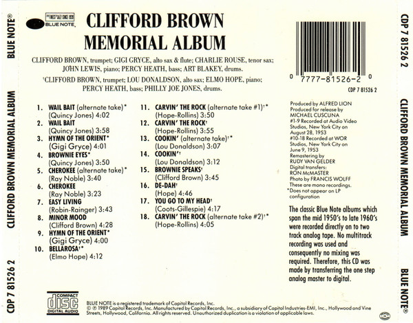 Clifford Brown - Memorial Album (CD, Album, Comp, Mono, RE, RM) (Mint (M)) - Image 2