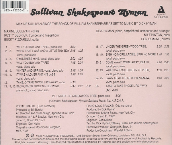 Maxine Sullivan / Dick Hyman - Sullivan, Shakespeare & Hyman (CD, Album, RE) (Near Mint (NM or M-)) - Image 2