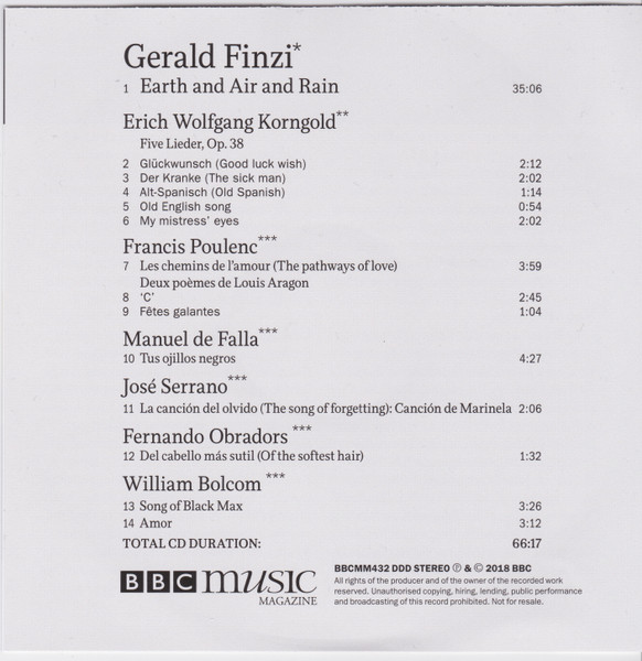 Gerald Finzi - Earth And Air And Rain (CD, Comp) (Near Mint (NM or M-)) - Image 2
