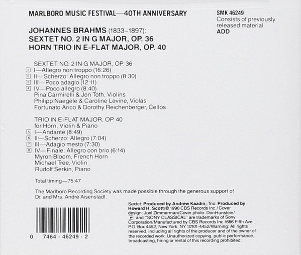 Johannes Brahms / Myron Bloom • Michael Tree, Rudolf Serkin - Sextet For Strings Op. 36 • Trio For Horn, Violin & Piano, Op. 40 (CD, Comp, RE) (Mint (M)) - Image 2