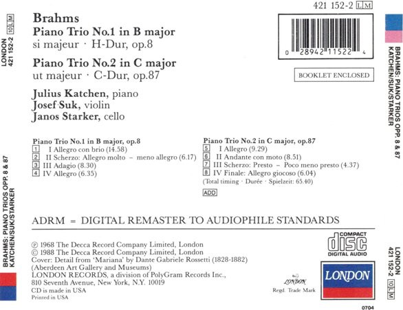 Johannes Brahms - Julius Katchen, Josef Suk, Janos Starker - Piano Trios 1 & 2 (CD, Comp, RE) (Near Mint (NM or M-)) - Image 2