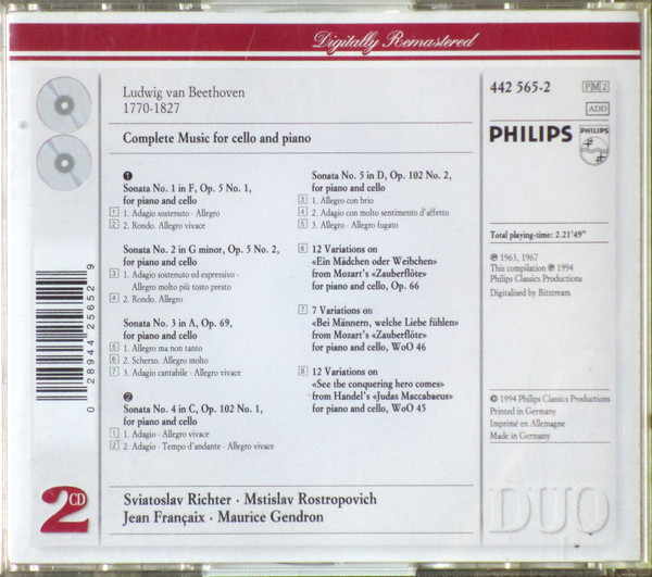 Ludwig van Beethoven - Mstislav Rostropovich, Sviatoslav Richter, Maurice Gendron, Jean Françaix - Complete Music For Cello And Piano (2xCD, Comp, RM) (Near Mint (NM or M-)) - Image 5
