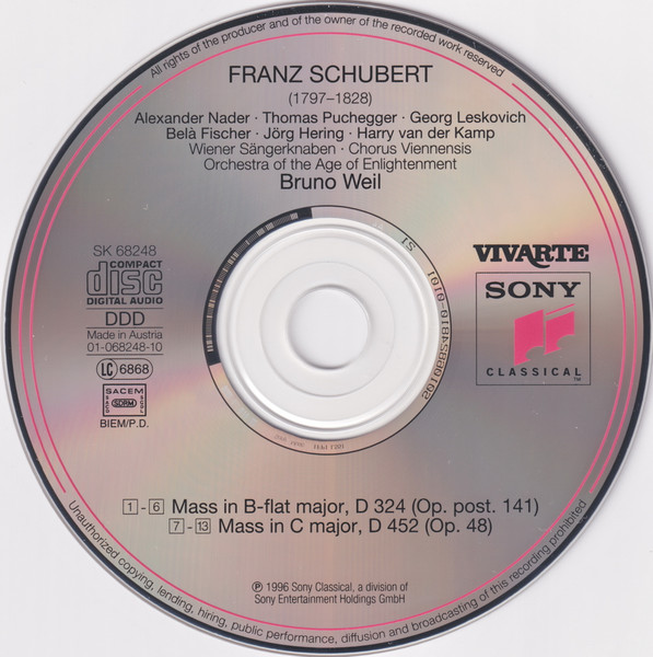 Franz Schubert - Die Wiener Sängerknaben, Chorus Viennensis, Orchestra Of The Age Of Enlightenment, Bruno Weil - Mass In B-Flat, D 324 / Mass In C, D 452 (CD, Album) (Near Mint (NM or M-)) - Image 3