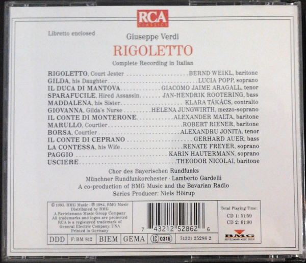 Giuseppe Verdi, Klára Takács, Bernd Weikl, Lucia Popp, Giacomo Aragall, Jan-Hendrik Rootering, Chor Des Bayerischen Rundfunks, Münchner Rundfunkorchester, Lamberto Gardelli - Rigoletto (2xCD, Album) (Mint (M)) - Image 2