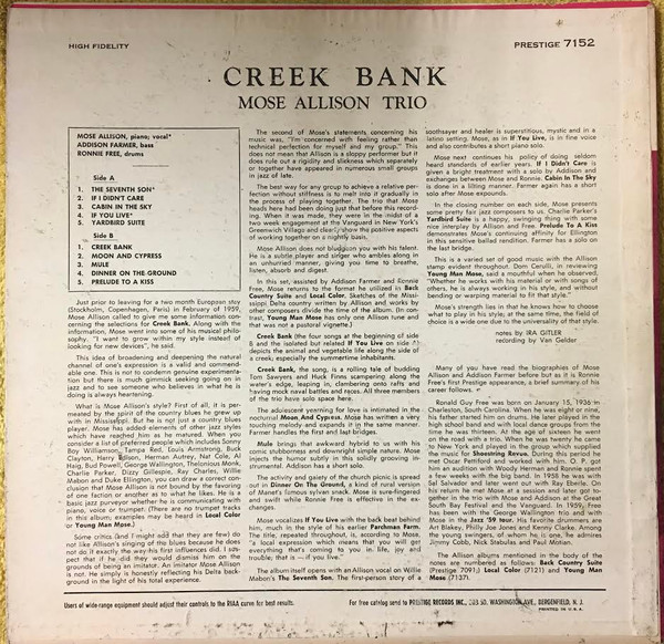 Mose Allison - Creek Bank (LP, Album) (Very Good (VG)) - Image 2