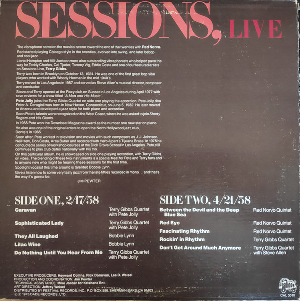 Terry Gibbs, Pete Jolly And Red Norvo - Sessions, Live (LP) (Near Mint (NM or M-)) - Image 2