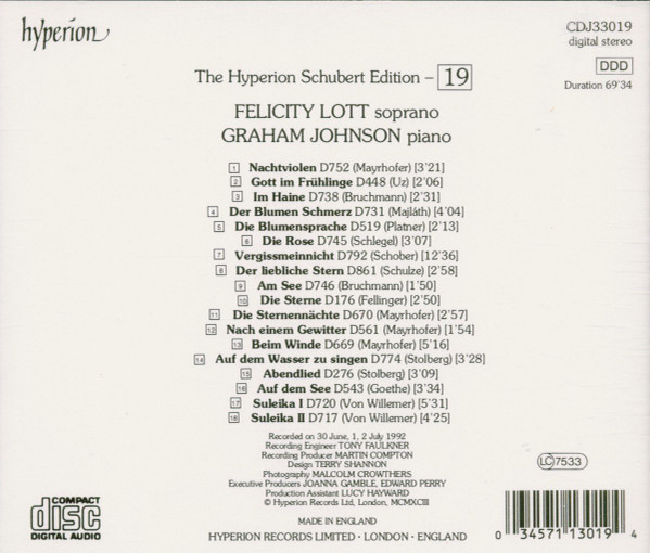 Franz Schubert / Felicity Lott, Graham Johnson (2) - The Hyperion Schubert Edition - 19 (CD, Album) (Near Mint (NM or M-)) - Image 2