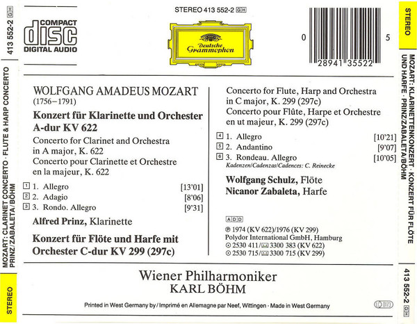 Wolfgang Amadeus Mozart - Alfred Prinz • Nicanor Zabaleta • Wolfgang Schulz (3) • Wiener Philharmoniker • Karl Böhm - Klarinettenkonzert (Clarinet Concerto) - Konzert Für Flöte & Harfe (Concerto for Flute & Harp) (CD, Comp) (Near Mint (NM or M-)) - Image 2