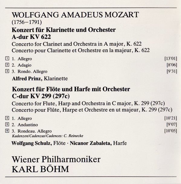 Wolfgang Amadeus Mozart - Alfred Prinz • Nicanor Zabaleta • Wolfgang Schulz (3) • Wiener Philharmoniker • Karl Böhm - Klarinettenkonzert (Clarinet Concerto) - Konzert Für Flöte & Harfe (Concerto for Flute & Harp) (CD, Comp) (Near Mint (NM or M-)) - Image 4
