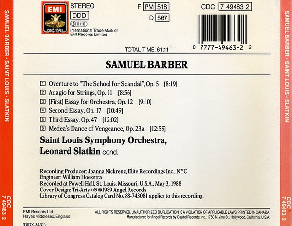 Samuel Barber / Saint Louis Symphony Orchestra, Leonard Slatkin - Music Of Samuel Barber (Adagio For Strings / Three Essays For Orchestra / Medea's Dance Of Vengeance / Overture To School For Scandal) (CD, Album) (Near Mint (NM or M-)) - Image 2