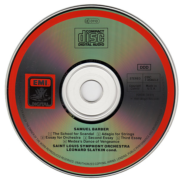 Samuel Barber / Saint Louis Symphony Orchestra, Leonard Slatkin - Music Of Samuel Barber (Adagio For Strings / Three Essays For Orchestra / Medea's Dance Of Vengeance / Overture To School For Scandal) (CD, Album) (Near Mint (NM or M-)) - Image 3