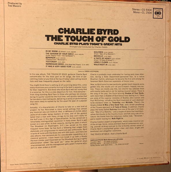 Charlie Byrd - The Touch Of Gold (Charlie Byrd Plays Today’s Great Hits) (LP, Album, San) (Very Good (VG)) - Image 2
