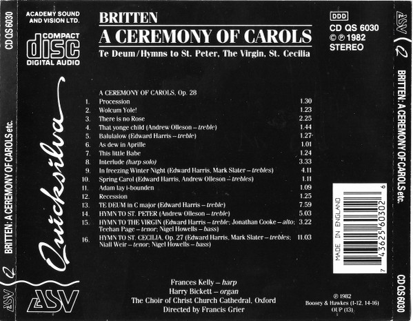 Benjamin Britten / The Choir Of Christ Church Cathedral Directed By Francis Grier - A Ceremony Of Carols (CD, RE) (Near Mint (NM or M-)) - Image 3