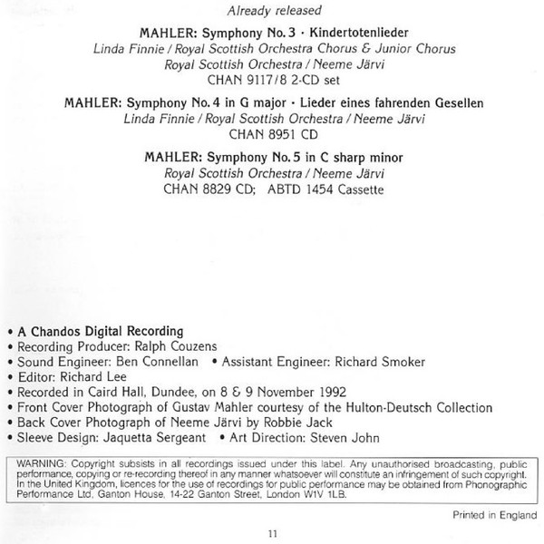 Gustav Mahler - Royal Scottish National Orchestra, Neeme Järvi - Symphony No. 6; Symphonisches Praeludium (CD, Album) (Mint (M)) - Image 3