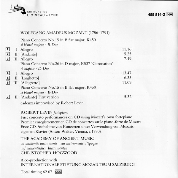 Wolfgang Amadeus Mozart - Robert Levin, The Academy Of Ancient Music, Christopher Hogwood - Piano Concertos No. 15, K450 & No. 26, K537 'Coronation' (CD) (Near Mint (NM or M-)) - Image 2