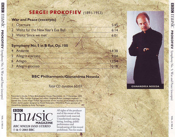 Sergei Prokofiev, BBC Philharmonic, Gianandrea Noseda - Symphony No. 5; War And Peace (Excerpts) (CD, Album) (Near Mint (NM or M-)) - Image 2