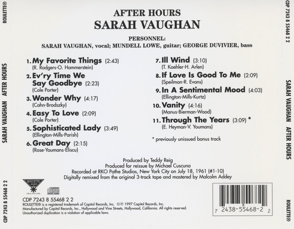 Sarah Vaughan - After Hours (CD, Album, RE) (Mint (M)) - Image 2