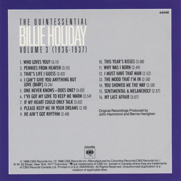 Billie Holiday - The Quintessential Billie Holiday Volume 3 (1936-1937) (CD, Comp, Mono, RM) (Near Mint (NM or M-)) - Image 2
