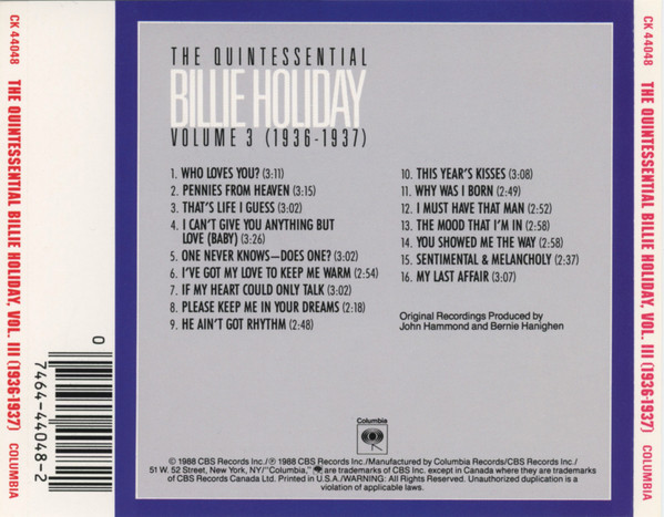 Billie Holiday - The Quintessential Billie Holiday Volume 3 (1936-1937) (CD, Comp, Mono, RM) (Near Mint (NM or M-)) - Image 5