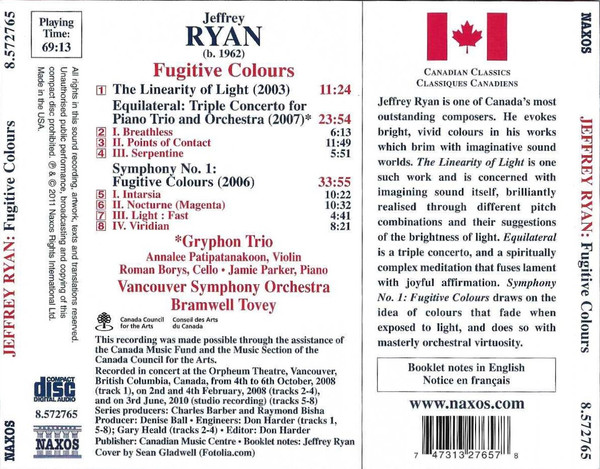 Jeffrey Ryan (2) – The Gryphon Trio, Vancouver Symphony Orchestra, Bramwell Tovey - Fugitive Colours • The Linearity Of Light • Equilateral (CD) (Mint (M)) - Image 2