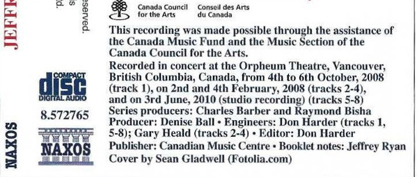 Jeffrey Ryan (2) – The Gryphon Trio, Vancouver Symphony Orchestra, Bramwell Tovey - Fugitive Colours • The Linearity Of Light • Equilateral (CD) (Mint (M)) - Image 3