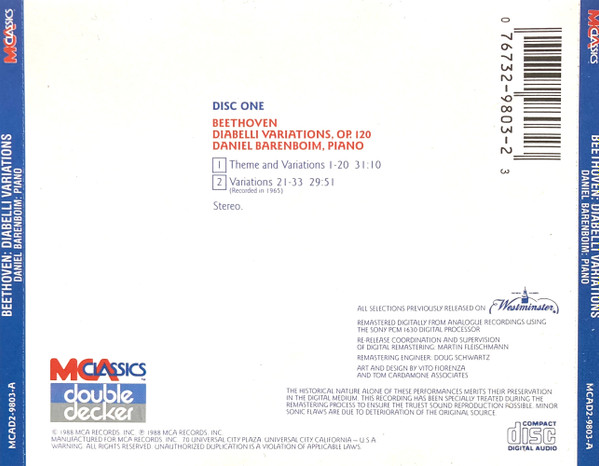 Ludwig van Beethoven, Daniel Barenboim - Diabelli Variations (CD, Album) (Near Mint (NM or M-)) - Image 2