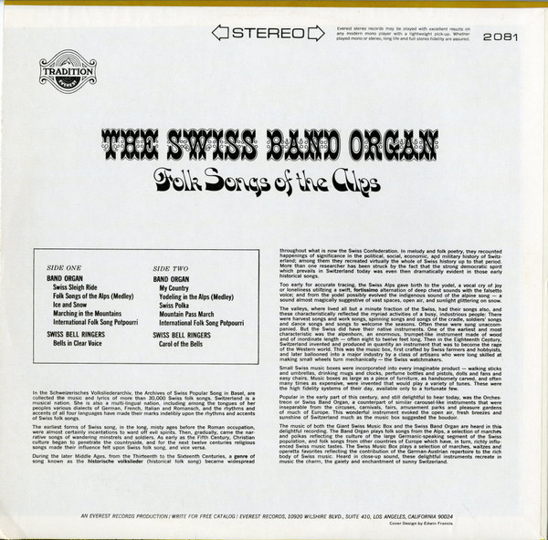 The Swiss Band Organ - Folk Songs Of The Alps (LP, Ora) (Mint (M)) - Image 2