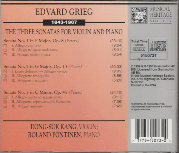Edvard Grieg - Dong-Suk Kang, Roland Pöntinen - The Three Sonatas For Violin and Piano (CD, RE) (Near Mint (NM or M-)) - Image 2