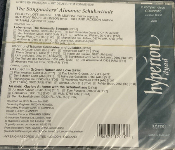 Franz Schubert - Felicity Lott ∙ Ann Murray ∙ Anthony Rolfe Johnson ∙ Richard Jackson (8) ∙ Graham Johnson (2) - The Songmakers' Almanac Schubertiade (2xCD, Album, RE, RM) (Near Mint (NM or M-)) - Image 2