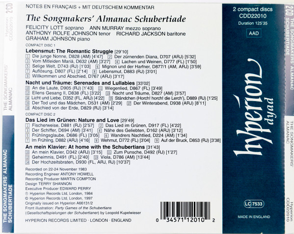 Franz Schubert - Felicity Lott ∙ Ann Murray ∙ Anthony Rolfe Johnson ∙ Richard Jackson (8) ∙ Graham Johnson (2) - The Songmakers' Almanac Schubertiade (2xCD, Album, RE, RM) (Near Mint (NM or M-)) - Image 3