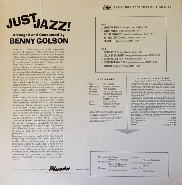 Benny Golson - Just Jazz! (LP, Album) (Very Good Plus (VG+)) - Image 2