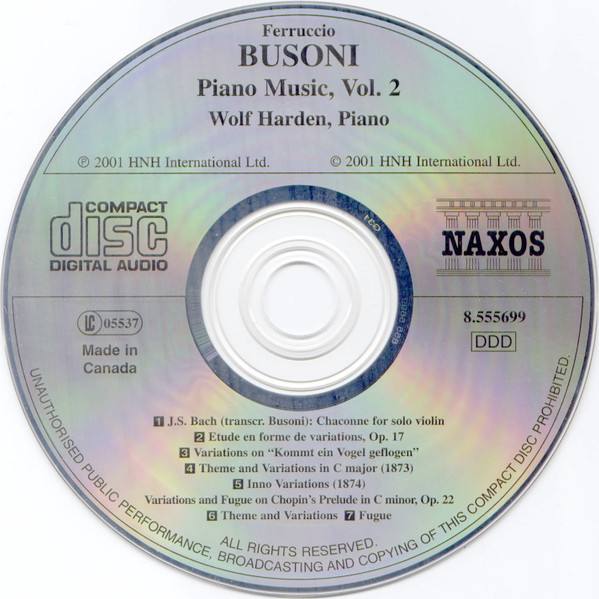 Ferruccio Busoni, Wolf Harden - Piano Music Vol. 2 (Variations And Fugue On Chopin's Prelude In C Minor / Transcription Of J. S. Bach's Chaconne For Solo Violin) (CD, Album) (Mint (M)) - Image 2