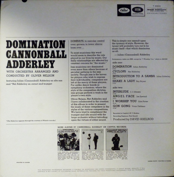 Cannonball Adderley - Domination (LP, Album, Mono) (Very Good Plus (VG+)) - Image 2