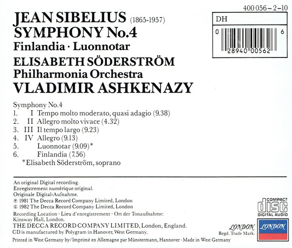 Jean Sibelius, Philharmonia Orchestra, Vladimir Ashkenazy - Symphony No. 7 / Tapiola (CD, Album) (Near Mint (NM or M-)) - Image 2